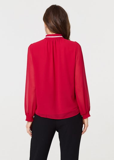 Izabel London Red Sparkle Trim High Neck Semi Sheer Blouse