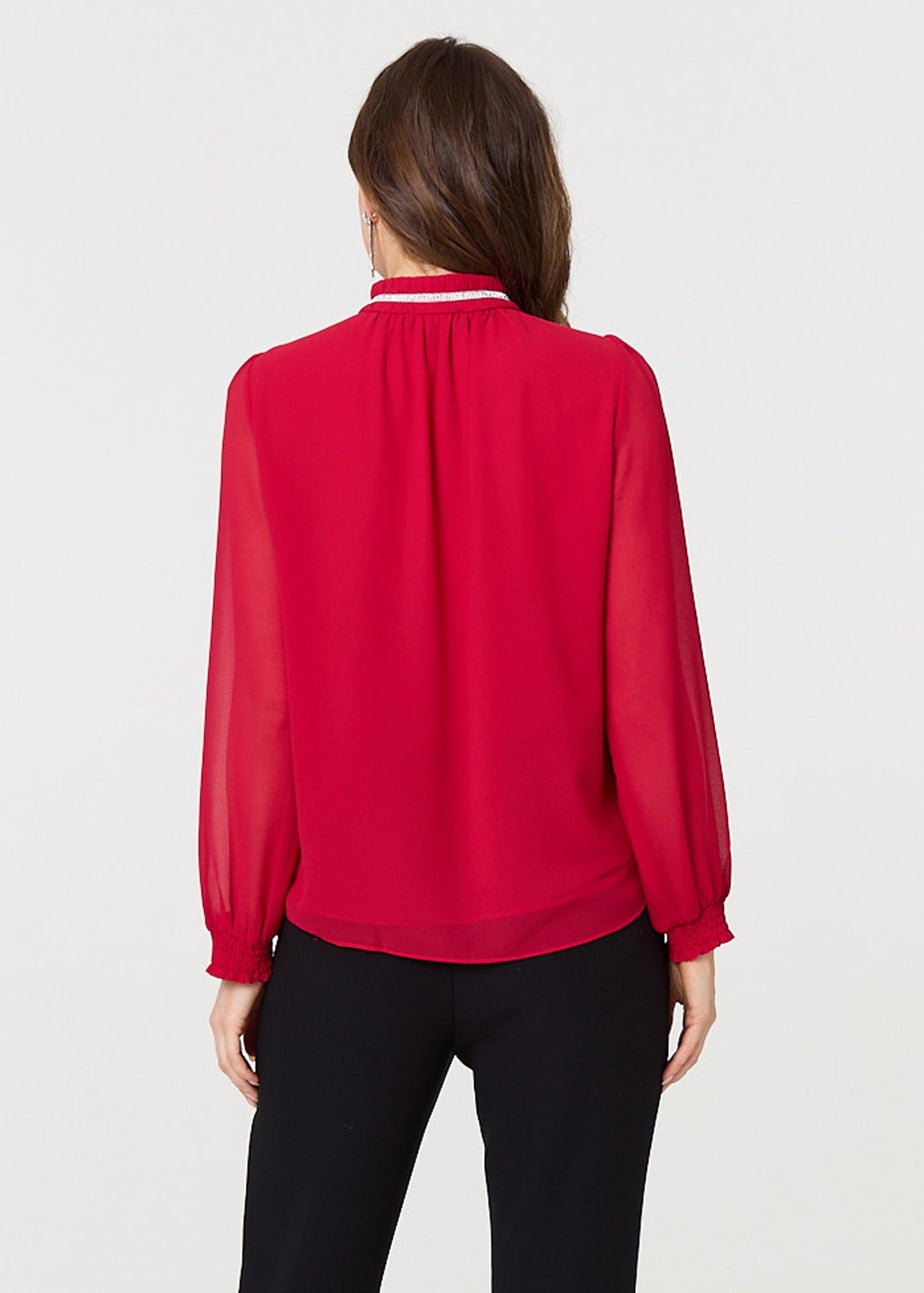 Izabel London Red Sparkle Trim High Neck Semi Sheer Blouse