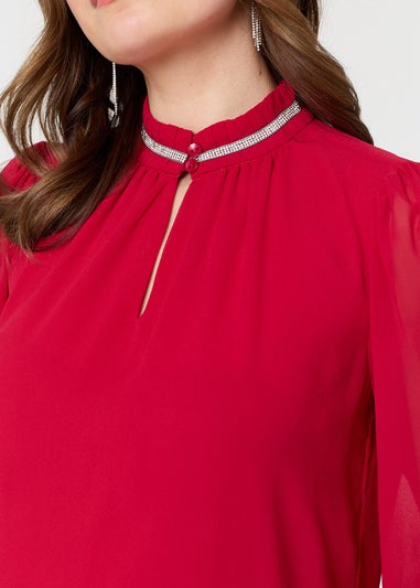 Izabel London Red Sparkle Trim High Neck Semi Sheer Blouse