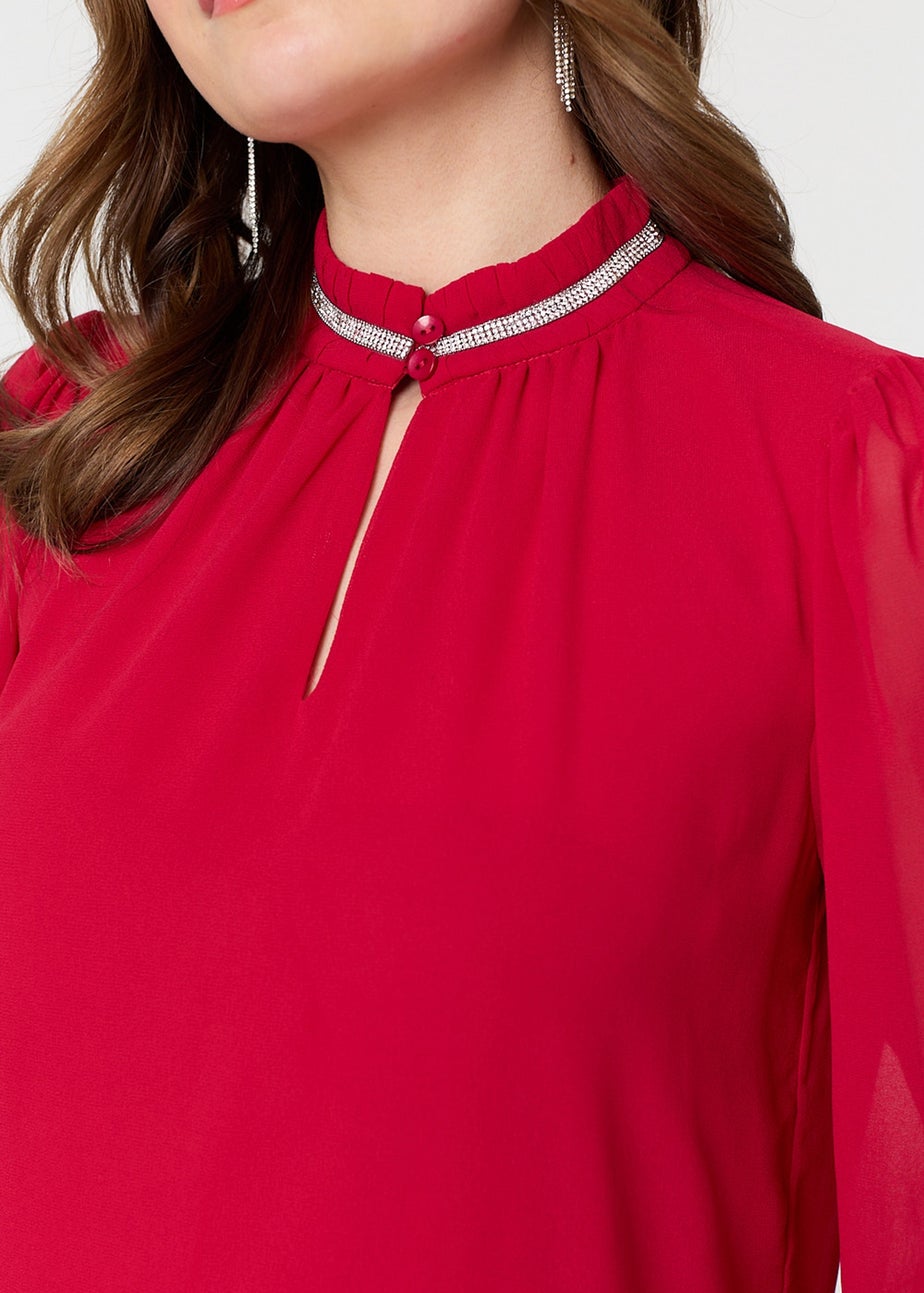 Izabel London Red Sparkle Trim High Neck Semi Sheer Blouse