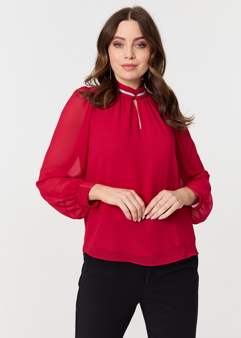 Izabel London Red Sparkle Trim High Neck Semi Sheer Blouse