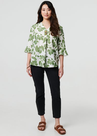 Izabel London Sage Leaf Print Flare Sleeve Blouse
