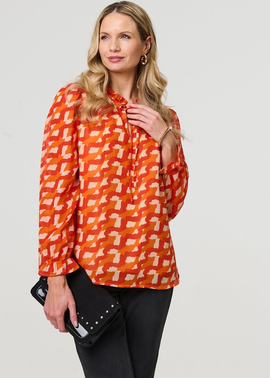 Izabel London Orange Printed Tie Neck Long Sleeve Blouse