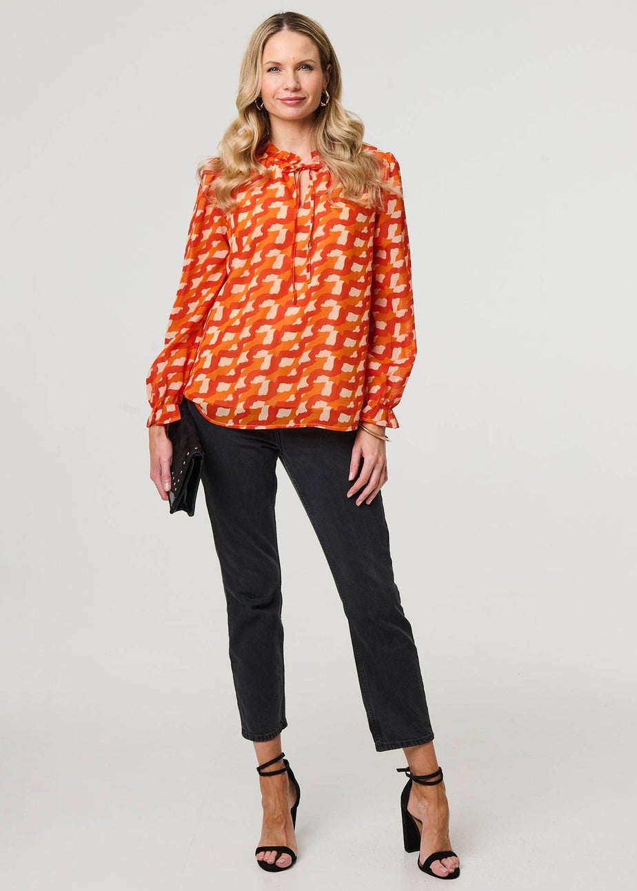Izabel London Orange Printed Tie Neck Long Sleeve Blouse