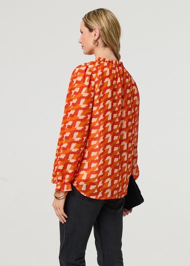 Izabel London Orange Printed Tie Neck Long Sleeve Blouse
