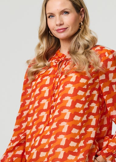 Izabel London Orange Printed Tie Neck Long Sleeve Blouse