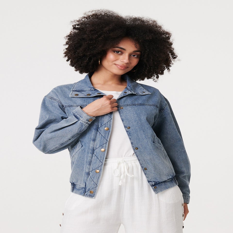 Izabel London Blue Zig Zag Stitch Long Sleeve Denim Jacket