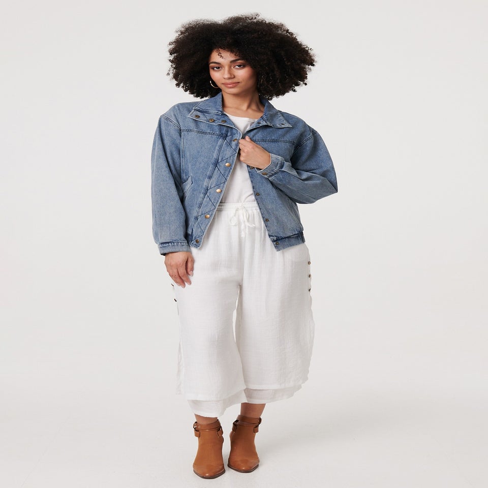 Izabel London Blue Zig Zag Stitch Long Sleeve Denim Jacket