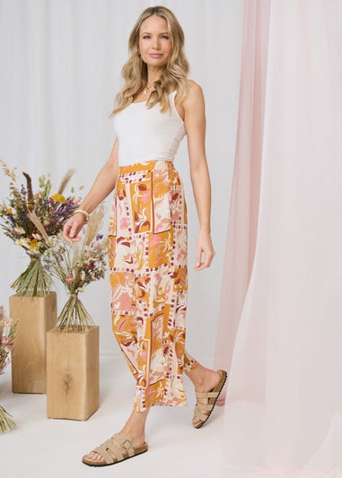 Izabel London Orange Patchwork Print High Waist Wide Leg Trousers