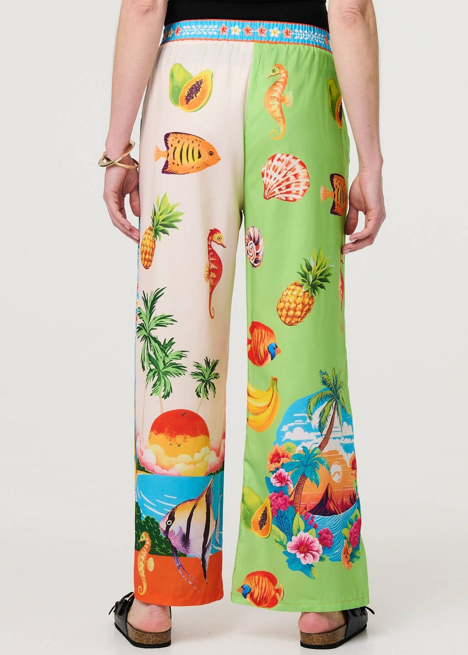 Izabel London White Tropical Print Wide Leg Trousers