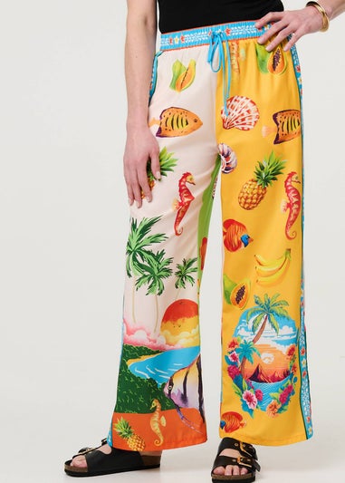 Izabel London White Tropical Print Wide Leg Trousers