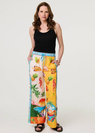 Izabel London White Tropical Print Wide Leg Trousers