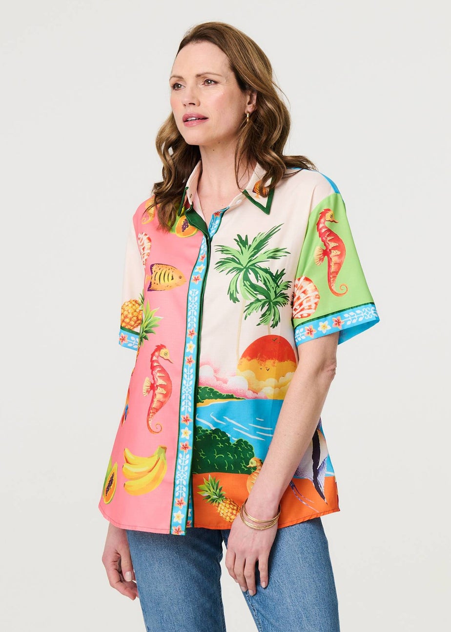 Izabel London White Tropical Print Short Sleeve Shirt