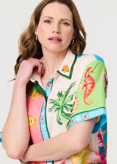 Izabel London White Tropical Print Short Sleeve Shirt