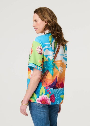 Izabel London White Tropical Print Short Sleeve Shirt