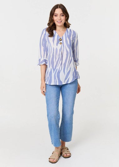 Izabel London Blue Animal Print 3/4 Flared Sleeve Blouse