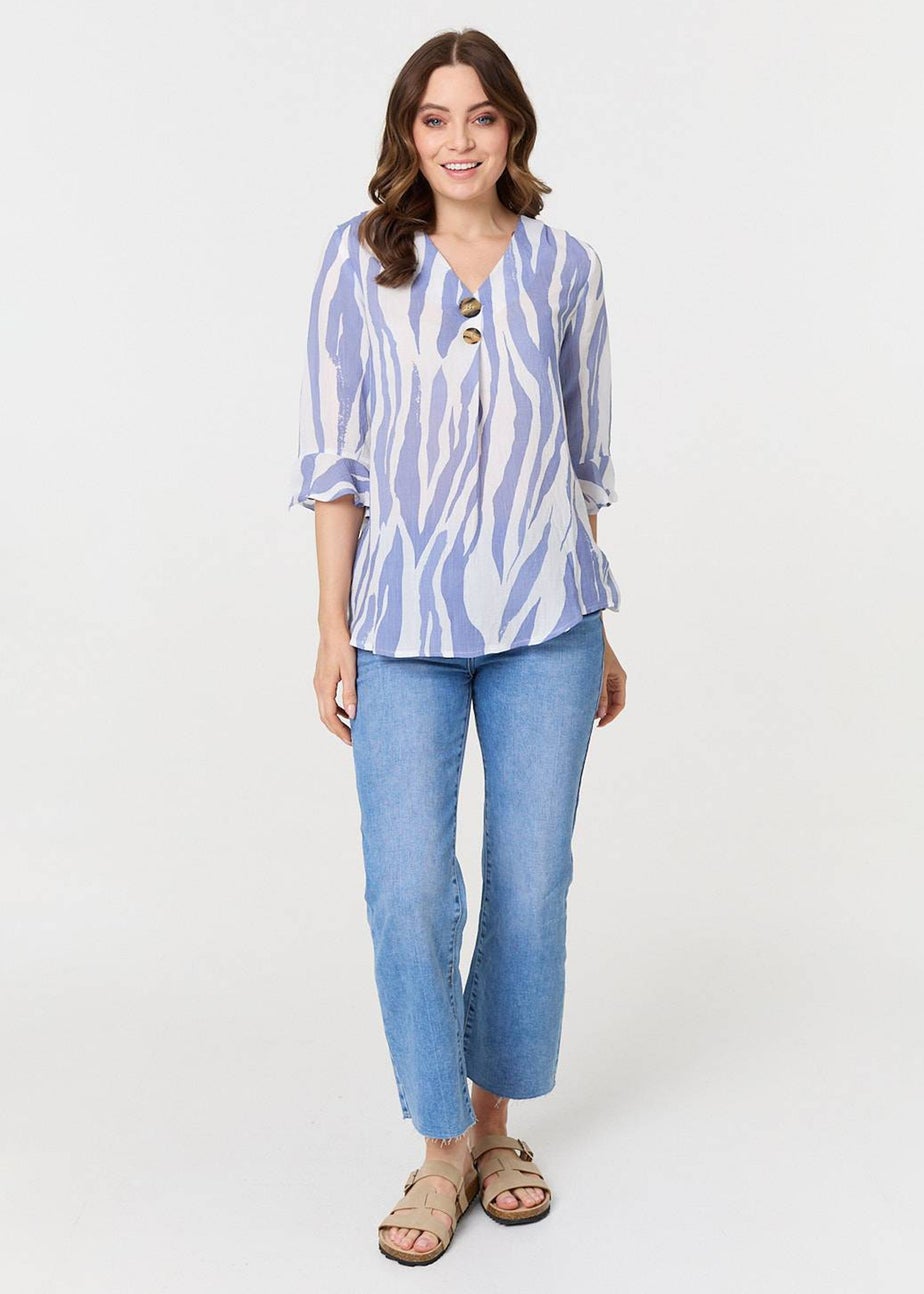 Izabel London Blue Animal Print 3/4 Flared Sleeve Blouse