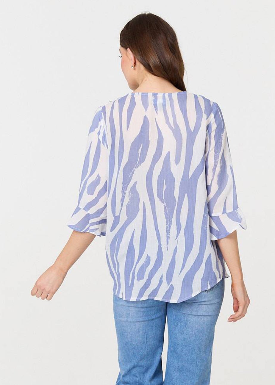Izabel London Blue Animal Print 3/4 Flared Sleeve Blouse