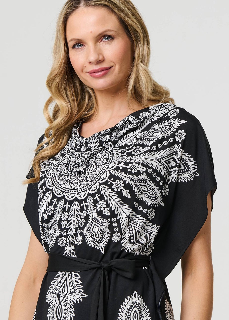 Izabel London Black Paisley Print Tie Waist Kimono Blouse Top