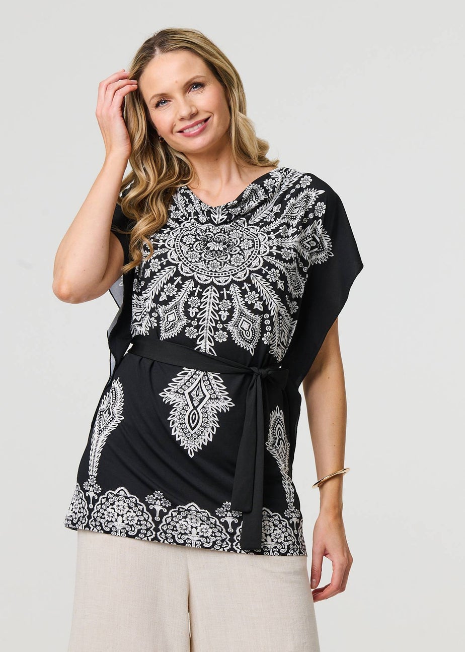 Izabel London Black Paisley Print Tie Waist Kimono Blouse Top