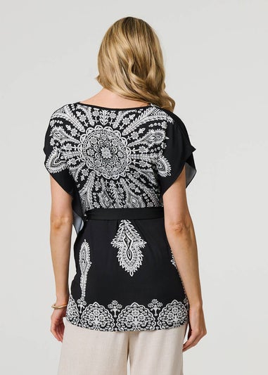 Izabel London Black Paisley Print Tie Waist Kimono Blouse Top