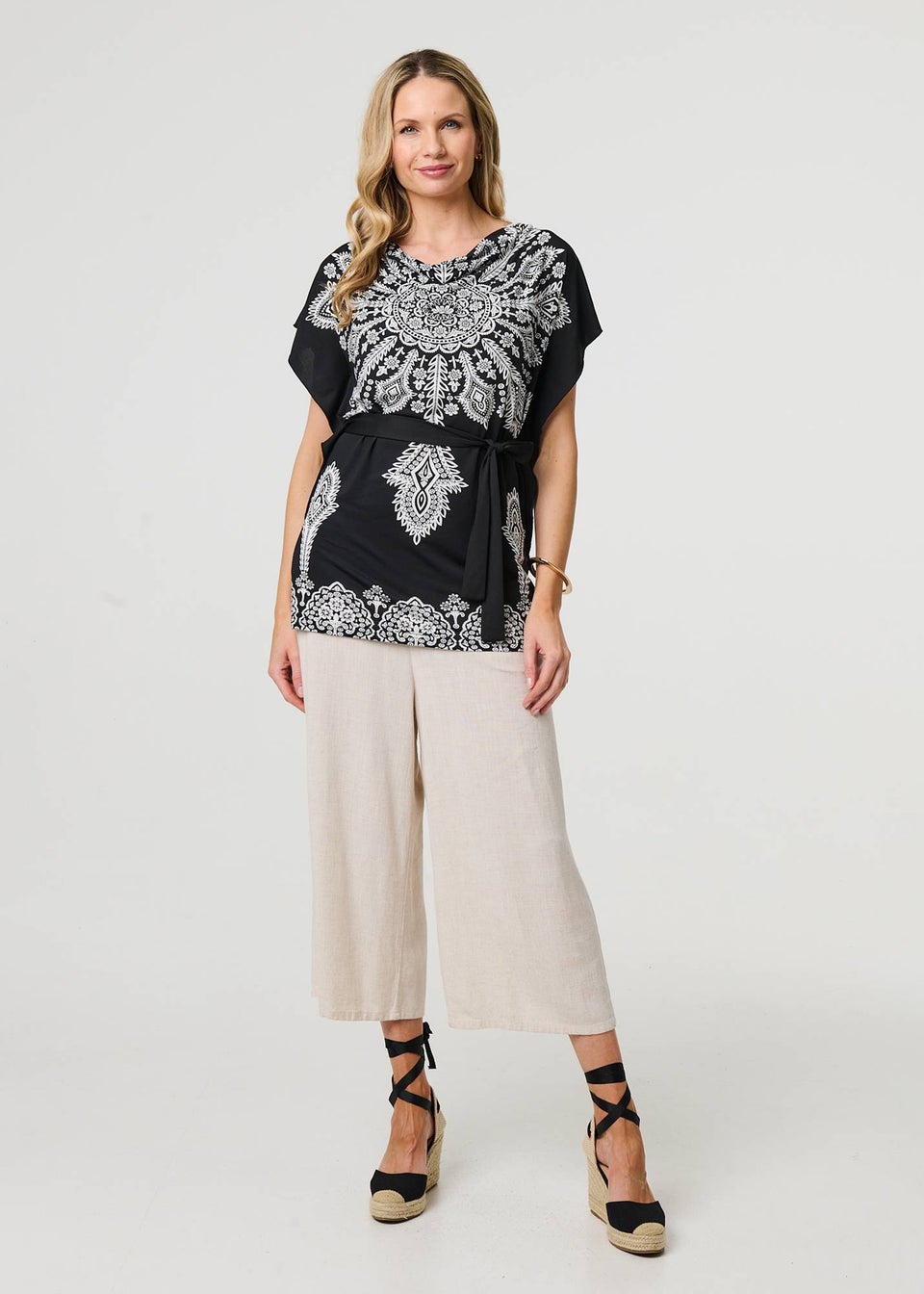 Izabel London Black Paisley Print Tie Waist Kimono Blouse Top