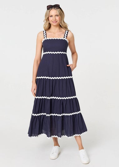 Izabel London Navy Zig Zag Trim Sleeveless Tiered Midi Dress