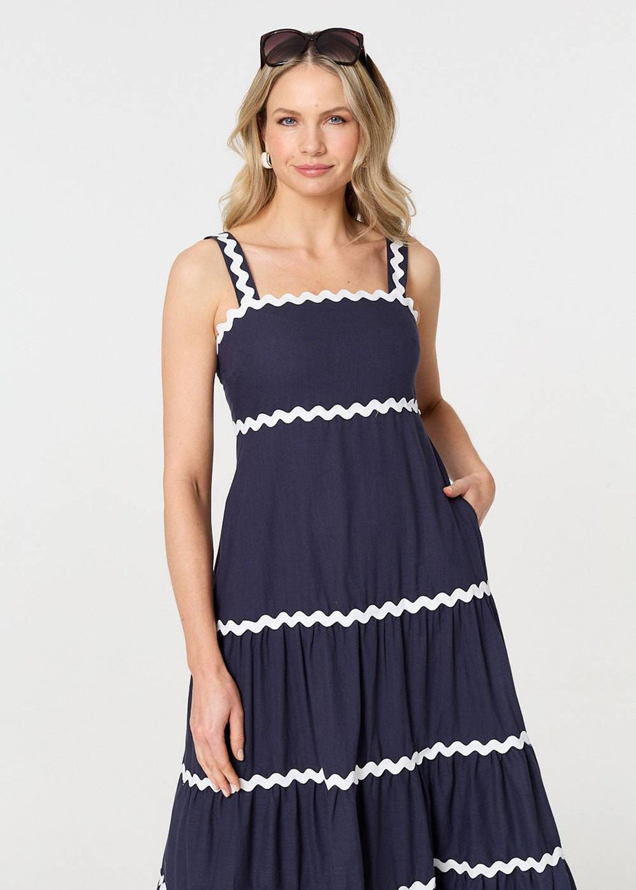 Izabel London Navy Zig Zag Trim Sleeveless Tiered Midi Dress
