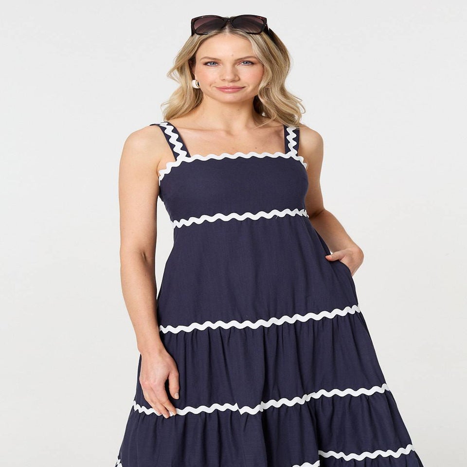 Izabel London Navy Zig Zag Trim Sleeveless Tiered Midi Dress