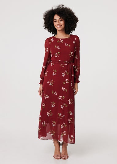 Izabel London Red Floral Sheer Layer Tie Waist Maxi Dress