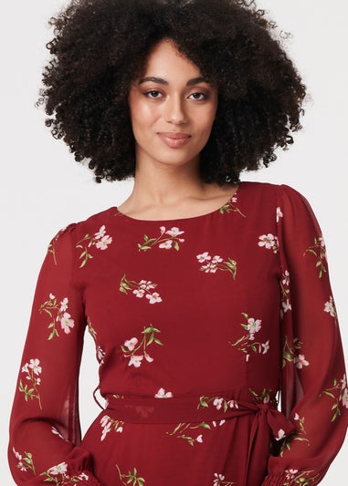 Izabel London Red Floral Sheer Layer Tie Waist Maxi Dress