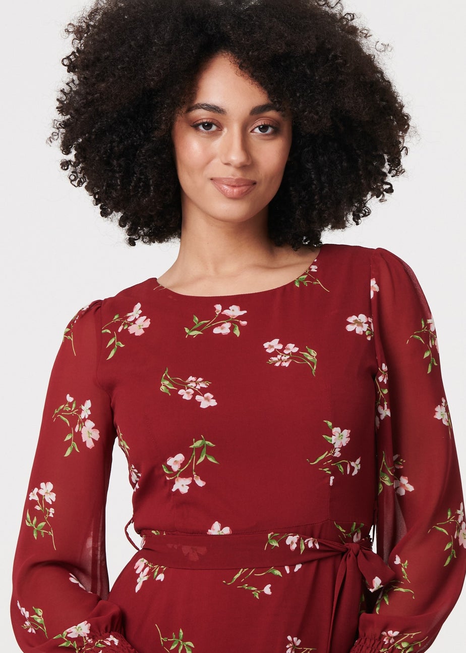 Izabel London Red Floral Sheer Layer Tie Waist Maxi Dress