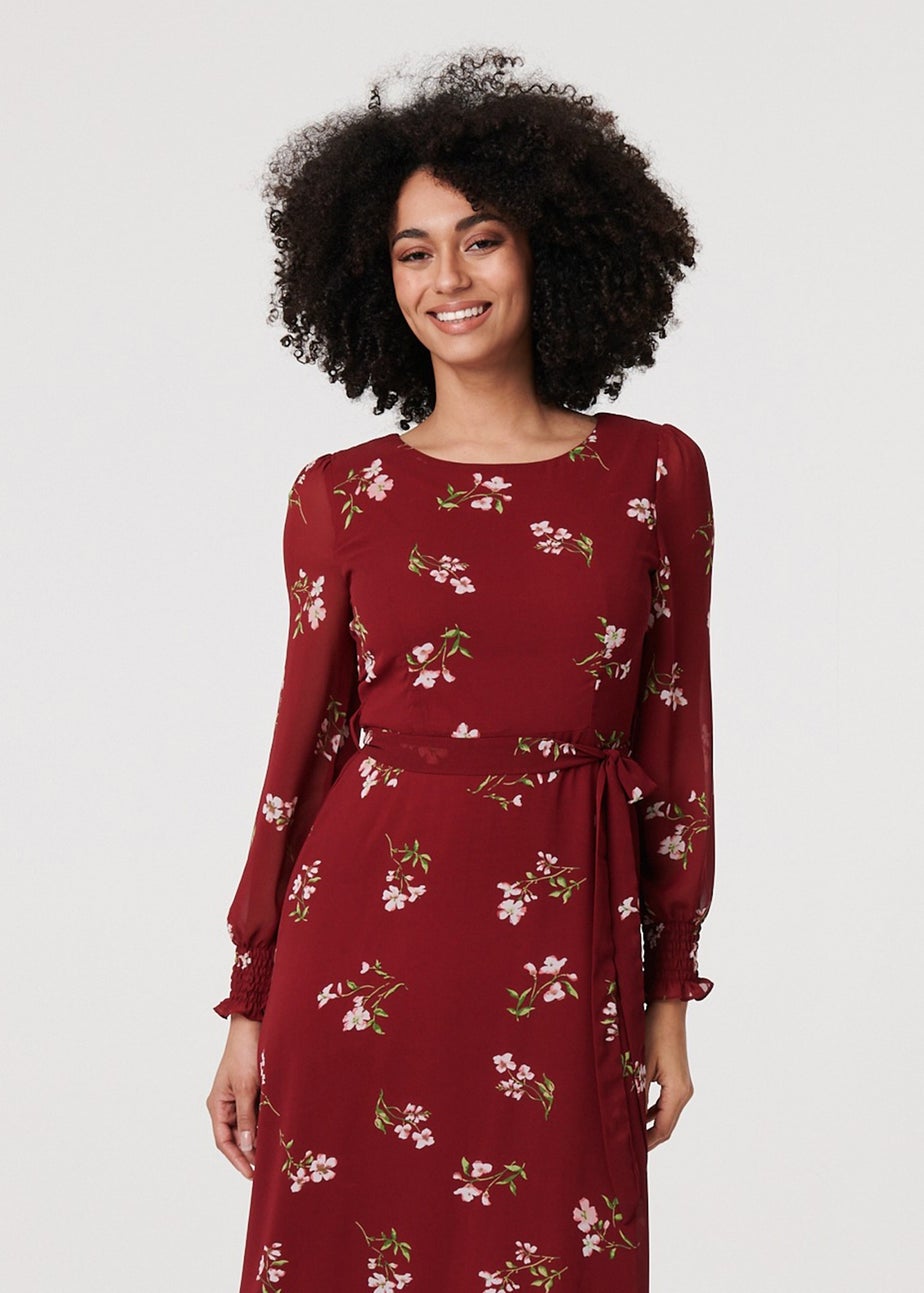 Izabel London Red Floral Sheer Layer Tie Waist Maxi Dress