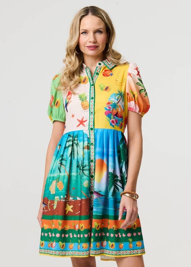 Izabel London Green Printed Puff Sleeve Short Shirt Dress