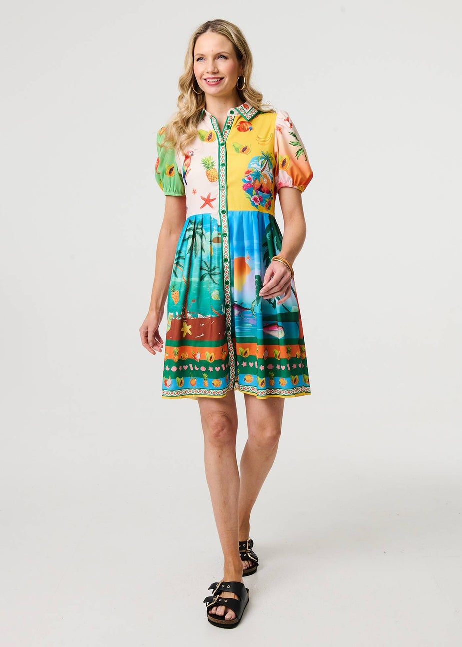 Izabel London Green Printed Puff Sleeve Short Shirt Dress