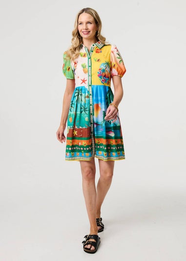 Izabel London Green Printed Puff Sleeve Short Shirt Dress