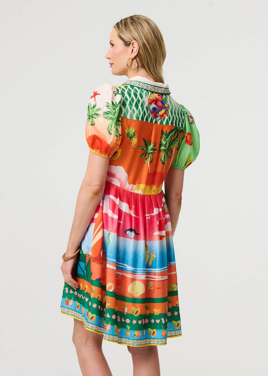 Izabel London Green Printed Puff Sleeve Short Shirt Dress