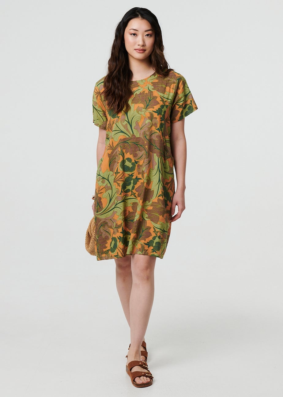 Izabel London Green Leaf Print Short Sleeve Shift Short Dress