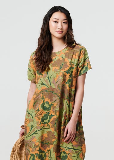 Izabel London Green Leaf Print Short Sleeve Shift Short Dress