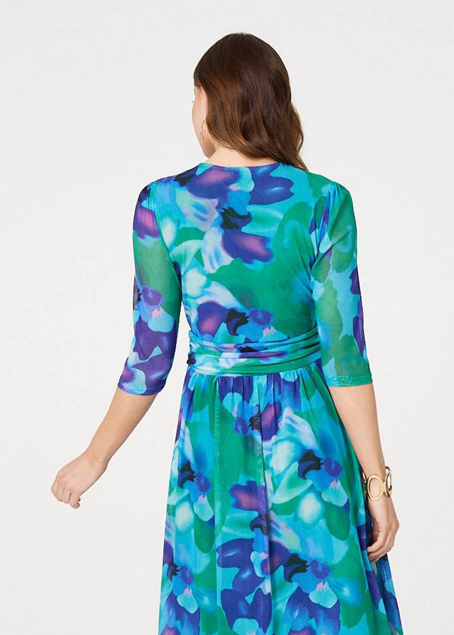 Izabel London Blue Printed Short Sleeve Pleated Wrap Midi Dress