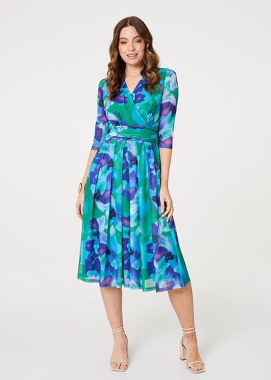 Izabel London Blue Printed Short Sleeve Pleated Wrap Midi Dress