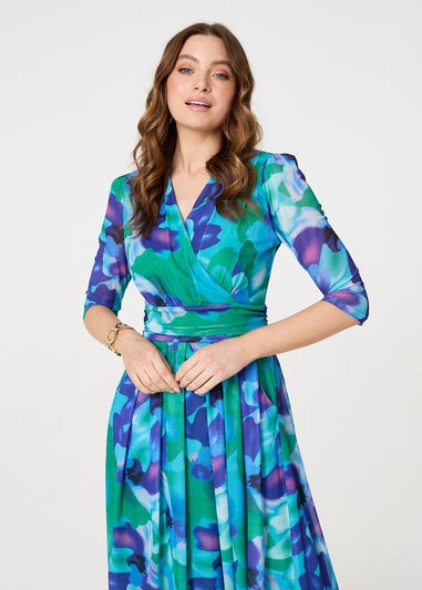 Izabel London Blue Printed Short Sleeve Pleated Wrap Midi Dress