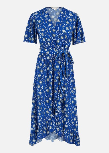 Yumi Blue Floral Wrap Dress With Frill Hem