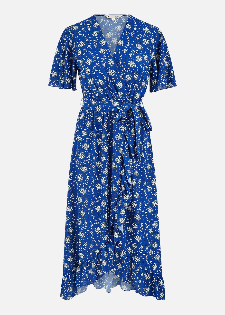 Yumi Blue Floral Wrap Dress With Frill Hem