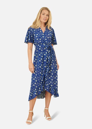 Yumi Blue Floral Wrap Dress With Frill Hem