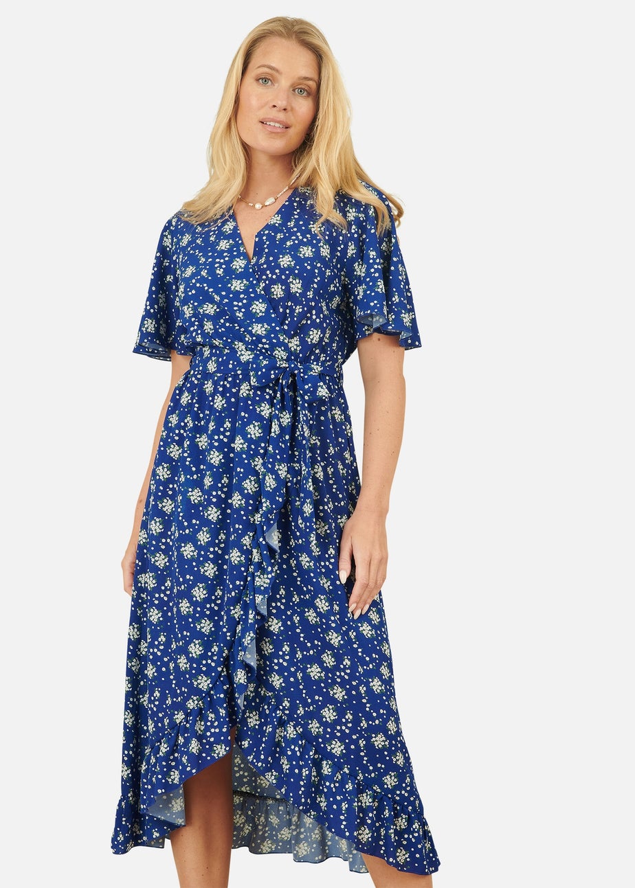 Yumi Blue Floral Wrap Dress With Frill Hem