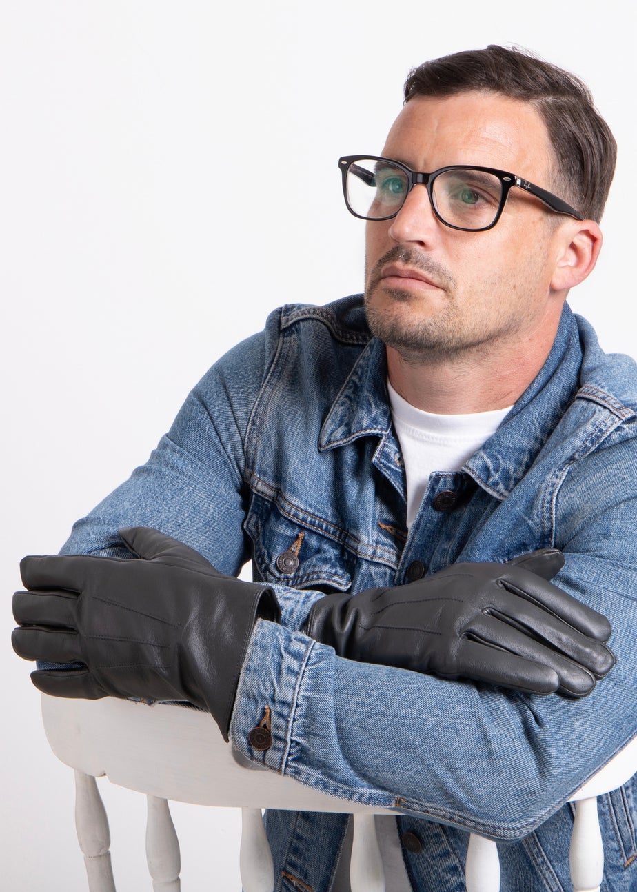 Totes Isotoner Grey Smartouch Water Repellent 3 Point Leather Gloves