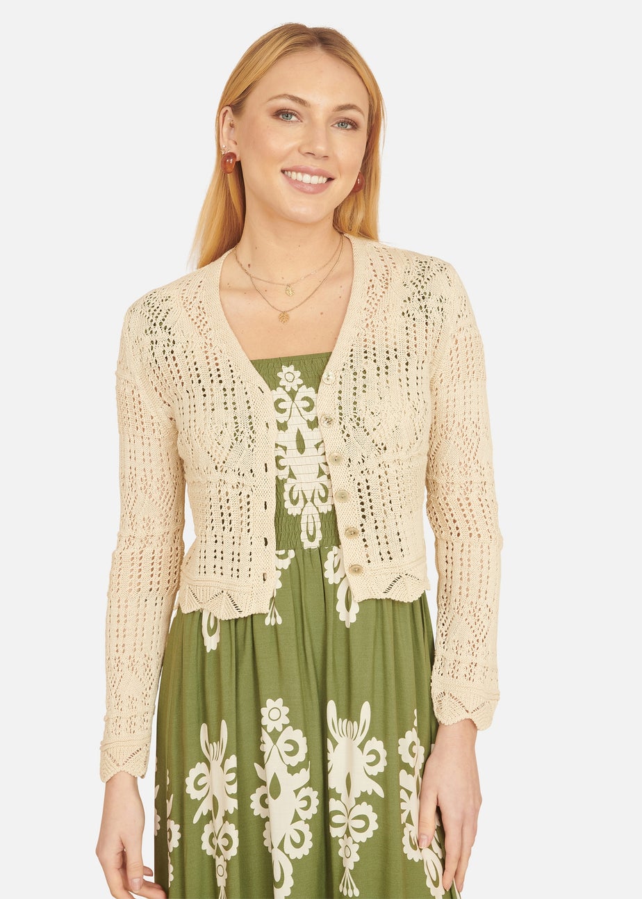 Yumi Beige Crochet Knitted Cropped Cardigan