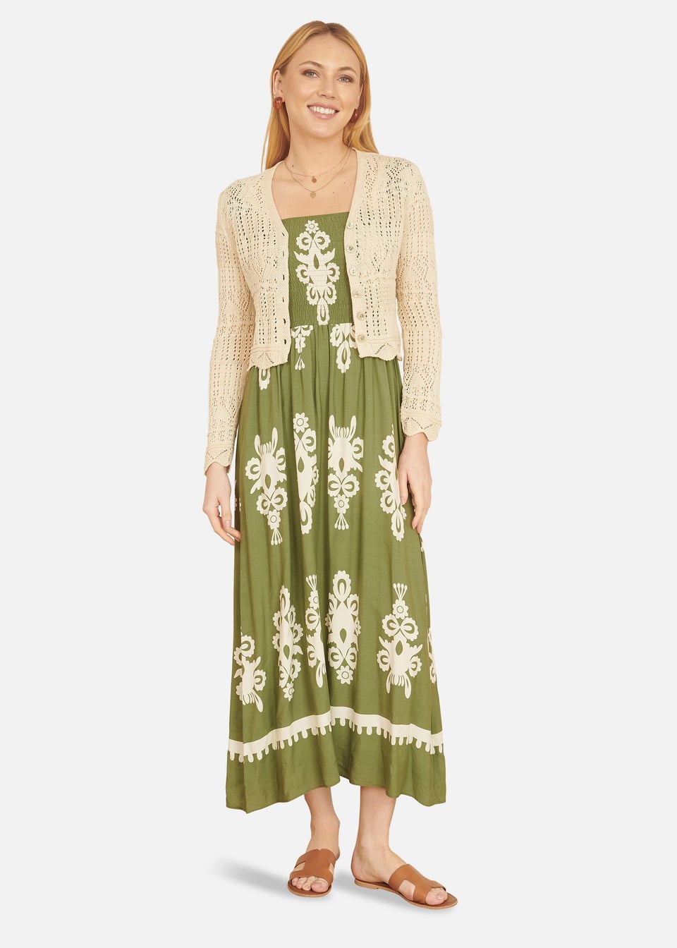 Yumi Beige Crochet Knitted Cropped Cardigan