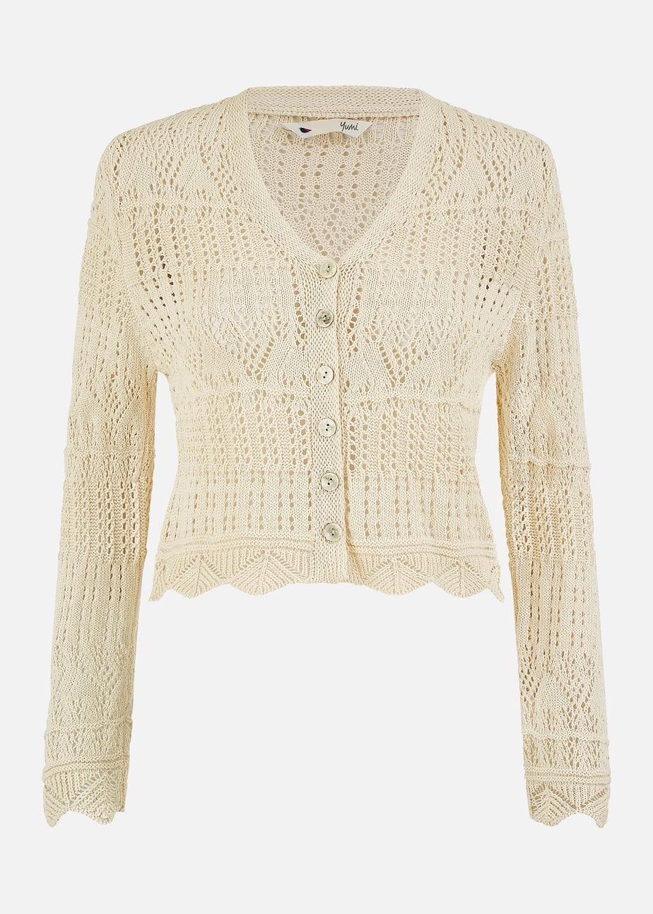 Yumi Beige Crochet Knitted Cropped Cardigan